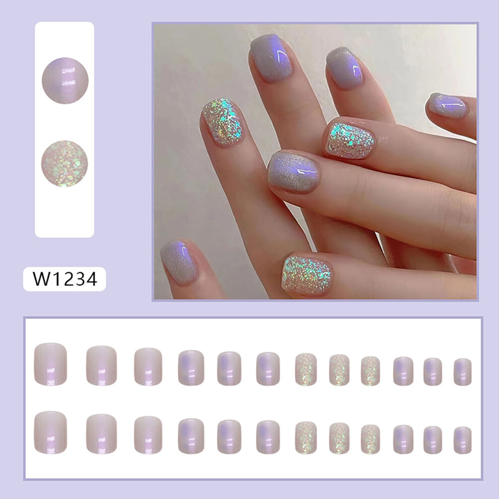 Hue-Grain (Jelly Glue Model) Aurora Purple Short Fake Nails With Sequins