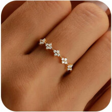 Dainty Lucky Leaf Ring – 925 Sterling Silver, White CZ, Stackable, Gold Plated – Compatible with Women, Daughter, Mom – Gift for Wedding,