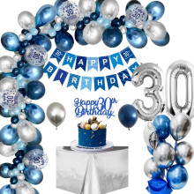 AYUQI Blue & Silver 30th Birthday Decorations for Men – Balloons, Banner, Party Supplies (Compatible with Standard Birthday Themes)