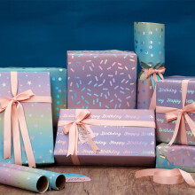 Holographic Birthday Wrapping Paper Roll – Iridescent Rainbow Foil with Dots, Confetti & "Happy Birthday" Lettering for Kids & Girls