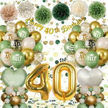 40th Birthday Decoration for Women Men, Green Gold Balloons Decorations with Happy 40th Birthday Banner Number 40 Foil Balloon for Party Decorations