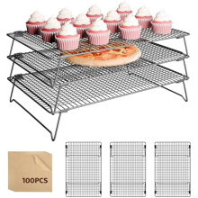 Paquete de 3 rejillas para enfriar galletas, rejilla de alambre de acero al carbono para hornear, bandeja antiadherente plegable, diseño apilable