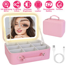 Aftagelig LED-spejl rejse makeup taske opdeler bærbar vandtæt kosmetik organizer etui