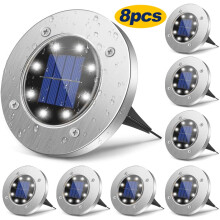 Set van 8 solar grondlampen, 8-led waterdichte schijflampen voor buiten, geschikt voor tuin, terras, gazon, patio en pad (wit)