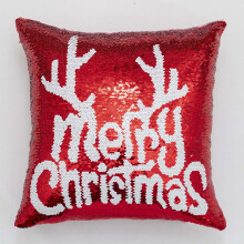 Fodera per cuscino natalizia reversibile con paillettes, motivo cervo con fiocchi di neve rossi, in finta pelle scamosciata, ideale per decorazioni