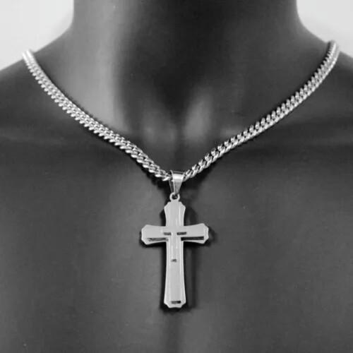 Colar com pingente de cruz da crucificação em aço inoxidável, corrente Miami, cor prata, 81 cm (32 polegadas) para homens e mulheres.
