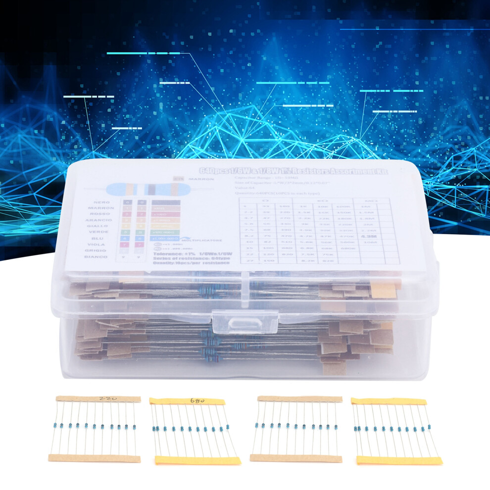 Resistor Pack 640Pcs 64 Resistance Types Metal Film 1Î© To 10Mî© 1/6W Diy Tool 9381390744950