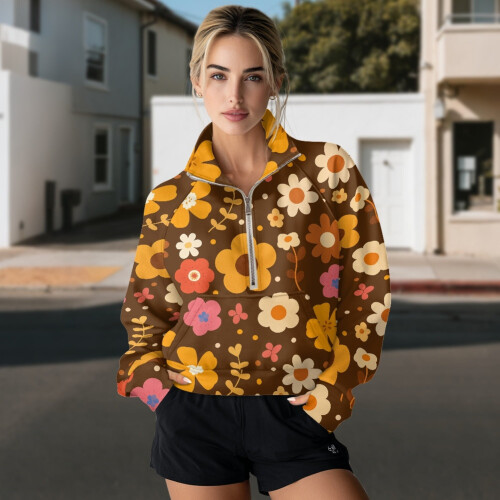 Women's Oversized Half-Zip Sweatshirt with Thumbholes and 2