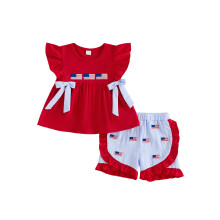 (18-24 Months, Red) Baby Girl 4th of July Outfits Ruffle Sleeve Flag Embroidery Tops and Shorts Set Toddler Summer Clothes