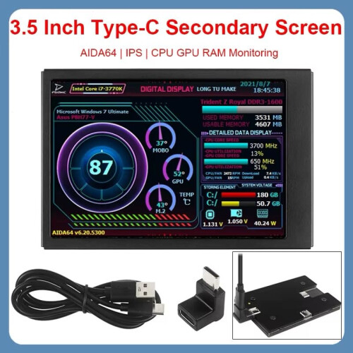3.5 Inch IPS USB Type‑C Secondary Screen for PC, Real‑Time CPU GPU RAM Monitor Display, Compact Metal Design 1