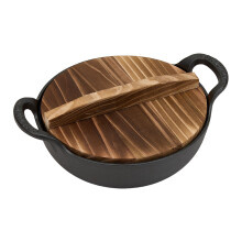 Garden Sanctuary Dual Handles Cast Iron Wok Wooden Lid, 20cm Dia