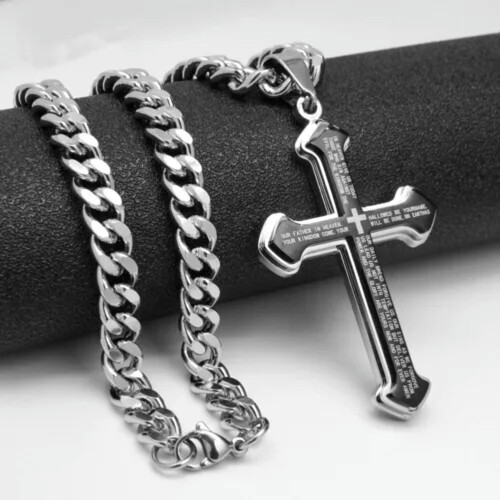 Colar masculino com corrente cubana de 7 mm e pingente de cruz grande com versículo bíblico em aço inoxidável - 50 cm (20 polegadas)
