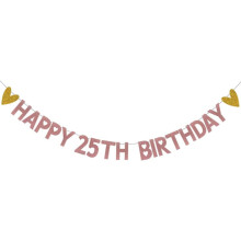 Banner HAPPY 25TH BIRTHDAY, pre-înșirat, decorațiuni de petrecere cu sclipici din hârtie aurie roz pentru 25 de ani, articole pentru petrecere de