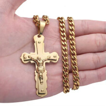 Kuuma miesten ruostumattomasta teräksestä valmistettu kulta-hopea Jeesus-krusifiksi-ristiriipusketjukaulakoru - kulta - 34 tuumaa tai 86 cm