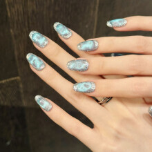 (162) Blue Cat Eye Fake Nails with Sequins, Salon Supply