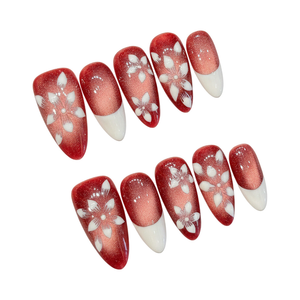 Roc-Electron (M) 10Pcs Almond Press On Nails, Cat Eye French, Eco Gel