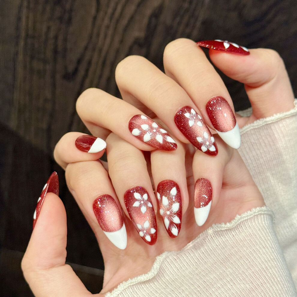 Roc-Electron (Xs) 10Pcs Almond Press On Nails, Cat Eye French, Eco Gel