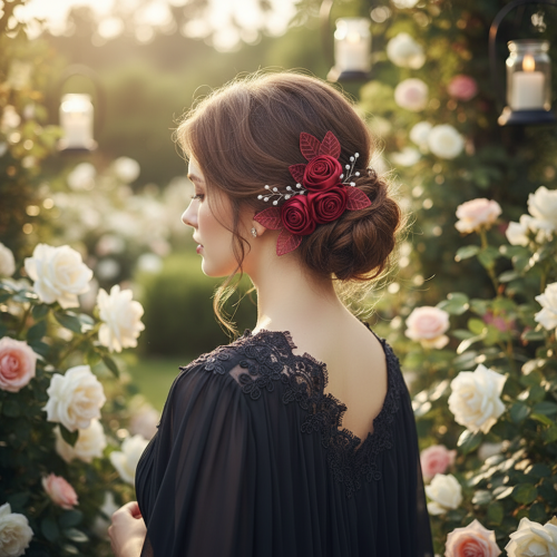 (Wine Red Set A) Barrette Mariage Satin Fleur Élégante
