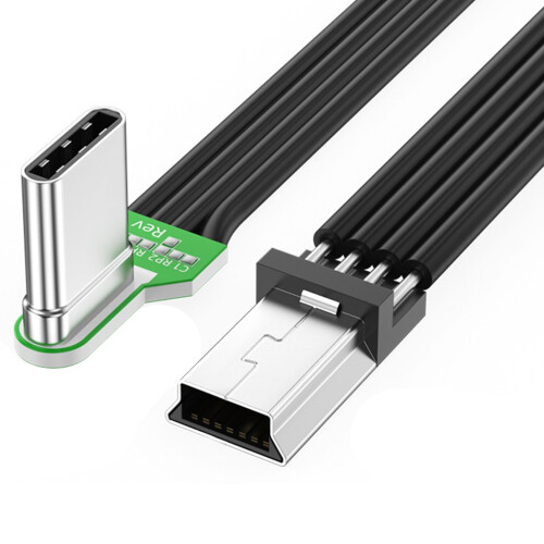 Cabo plano USB-C para USB com conectores flexíveis para dispositivos eletrônicos.