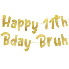 ¡Feliz 11º cumpleaños, hermano! Pancarta dorada con purpurina - Artículos, ideas, regalos y decoraciones para fiestas de 11º cumpleaños.