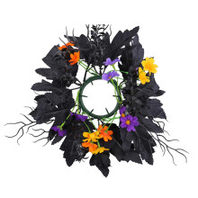 Ghirlanda di candele di Halloween – Ghirlanda artificiale nera e viola con fiori colorati, centrotavola da 30 cm, decorazione in stile rustico