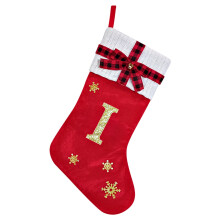 Șosetă de Crăciun personalizată din catifea roșie cu inițială, literă brodată și fundă, manșetă tricotată, 45 cm, pentru decor de
