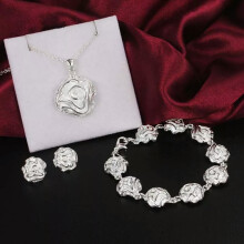 Conjunto de brincos, colar e pulseira com flor de rosa em prata maciça 925 para mulheres - presente padrão