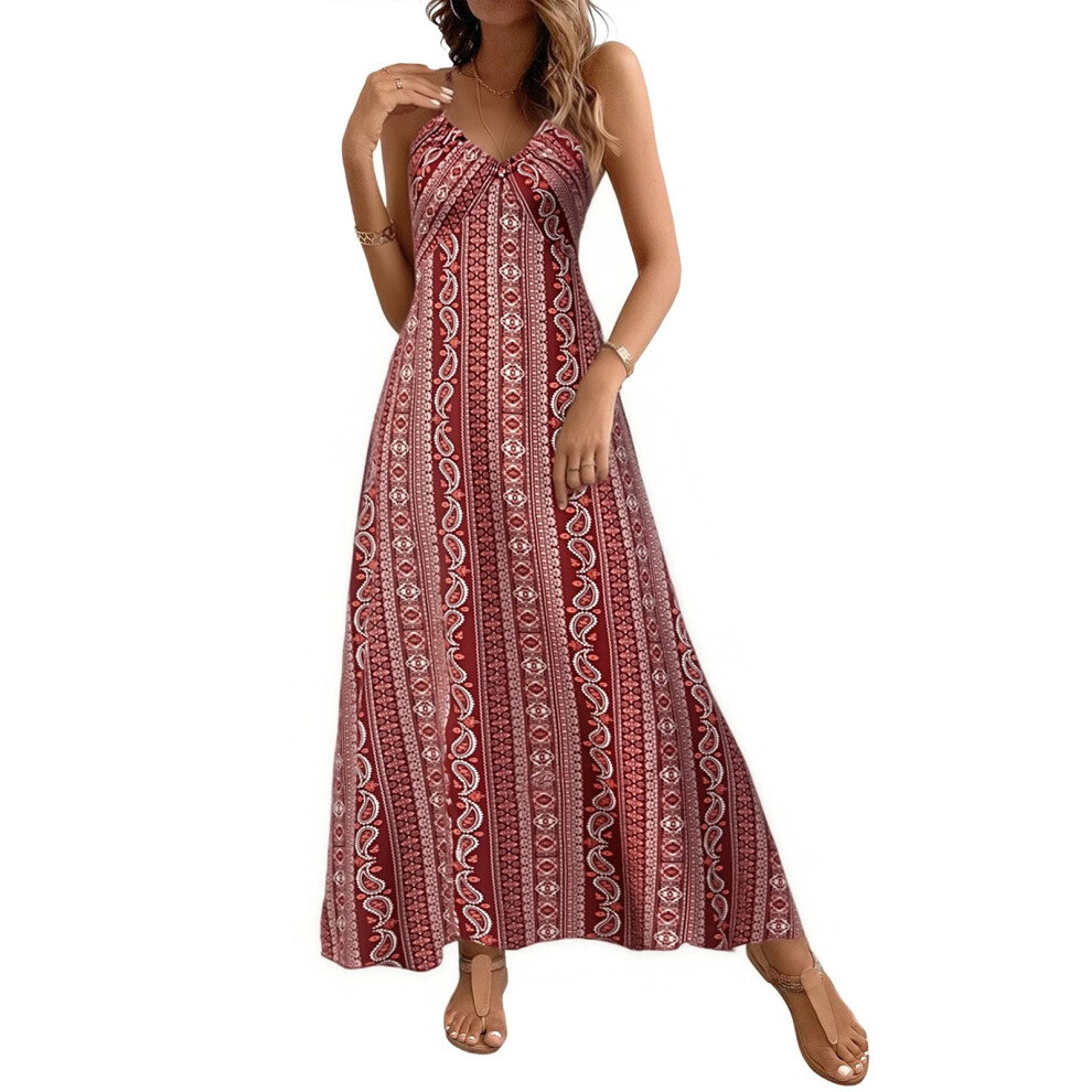 Burgundy Women's Floral Print Casual Long Dress, V-Neck - S
