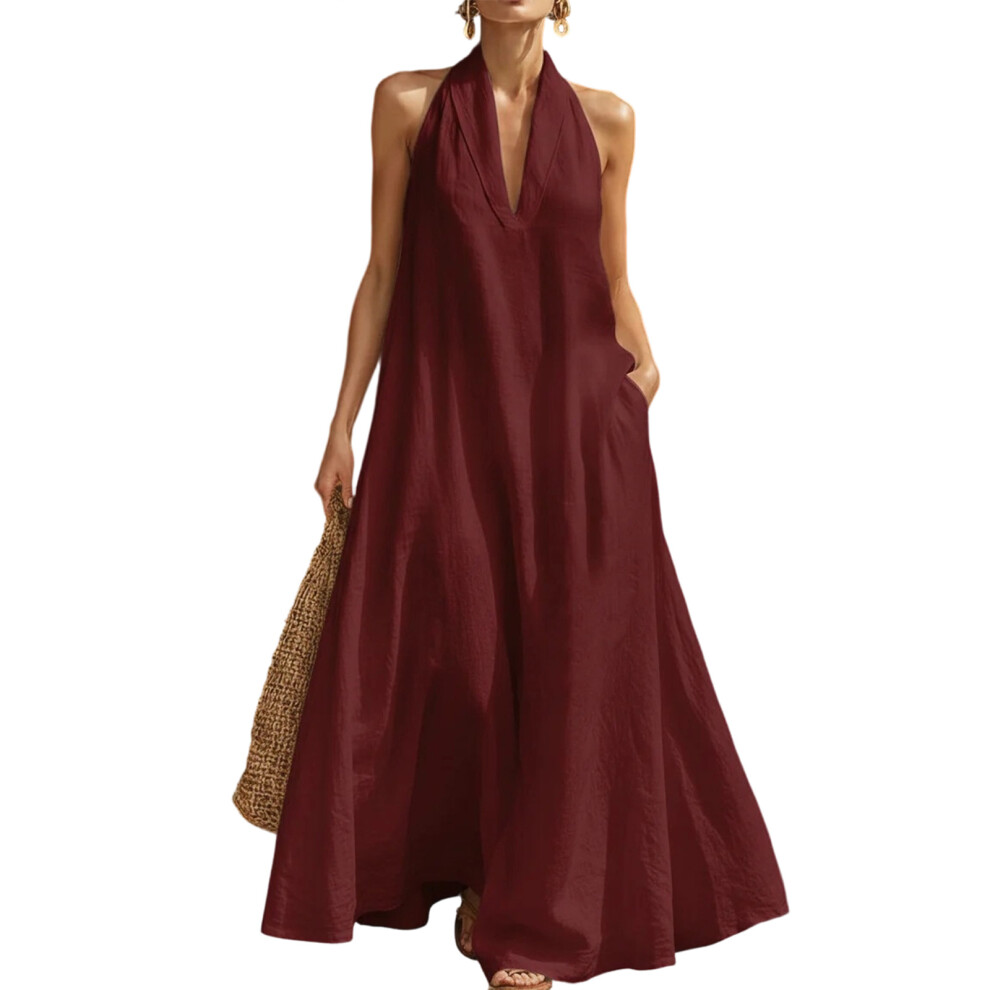 Burgundy Comfortable Cotton Linen Maxi Dress With V Neck- Xxl