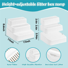 Verstelbare Kattenbakhelling met 3 Treden, Filterfunctie, Afneembare Kattenbakvanger, voor Kleine en Oudere Katten, Wit