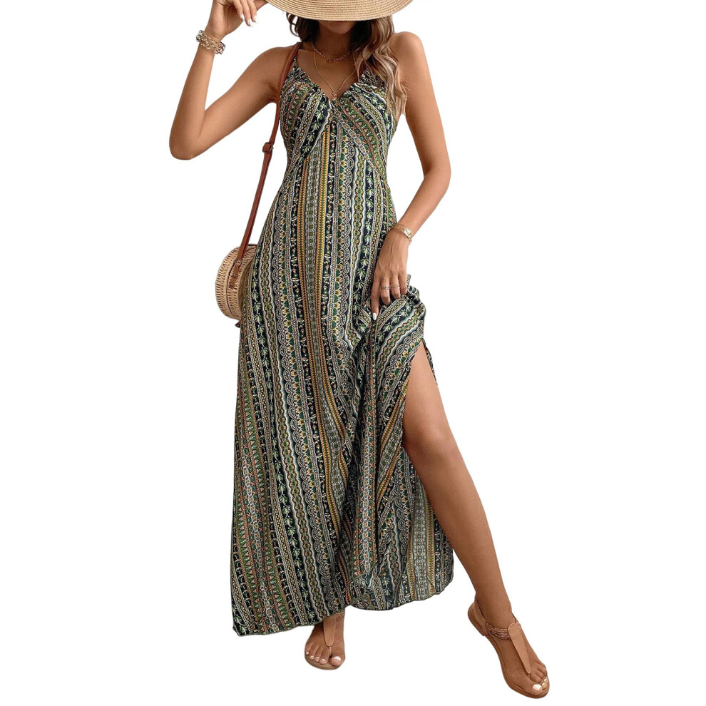 Women's floral print , casual long dress, V-neck -Green XXL