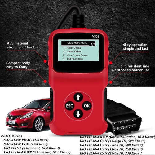 Wired Car OBD2 Scanner, Plug and Play Code Reader, Wired Car OBD2 Scanner, HD LCD Display Screen, Red1pc 1