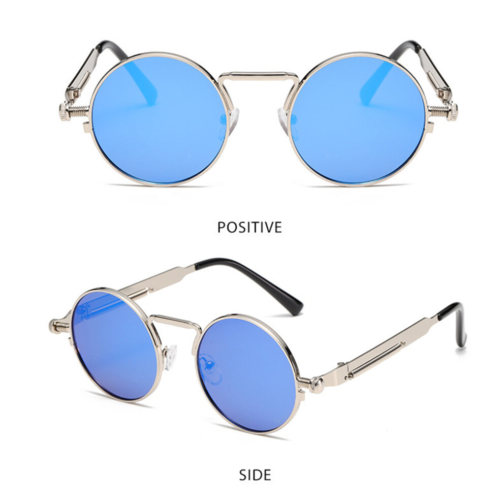 Roc-Electron (Silver Framed Ice Blue Tablets) Punk Sunglasses: Round Metal Frame, Colorful Lens
