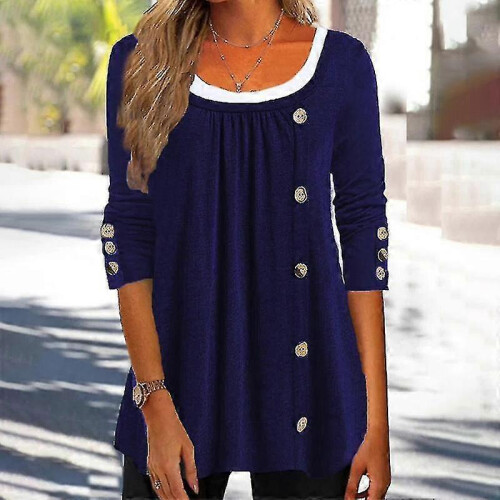 (Blue,2XL)Ladies Solid Color T-shirt Basic Work Tops Crew Neck Tunic Blouse