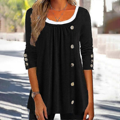 (Black,L)Ladies Solid Color T-shirt Basic Work Tops Crew Neck Tunic Blouse