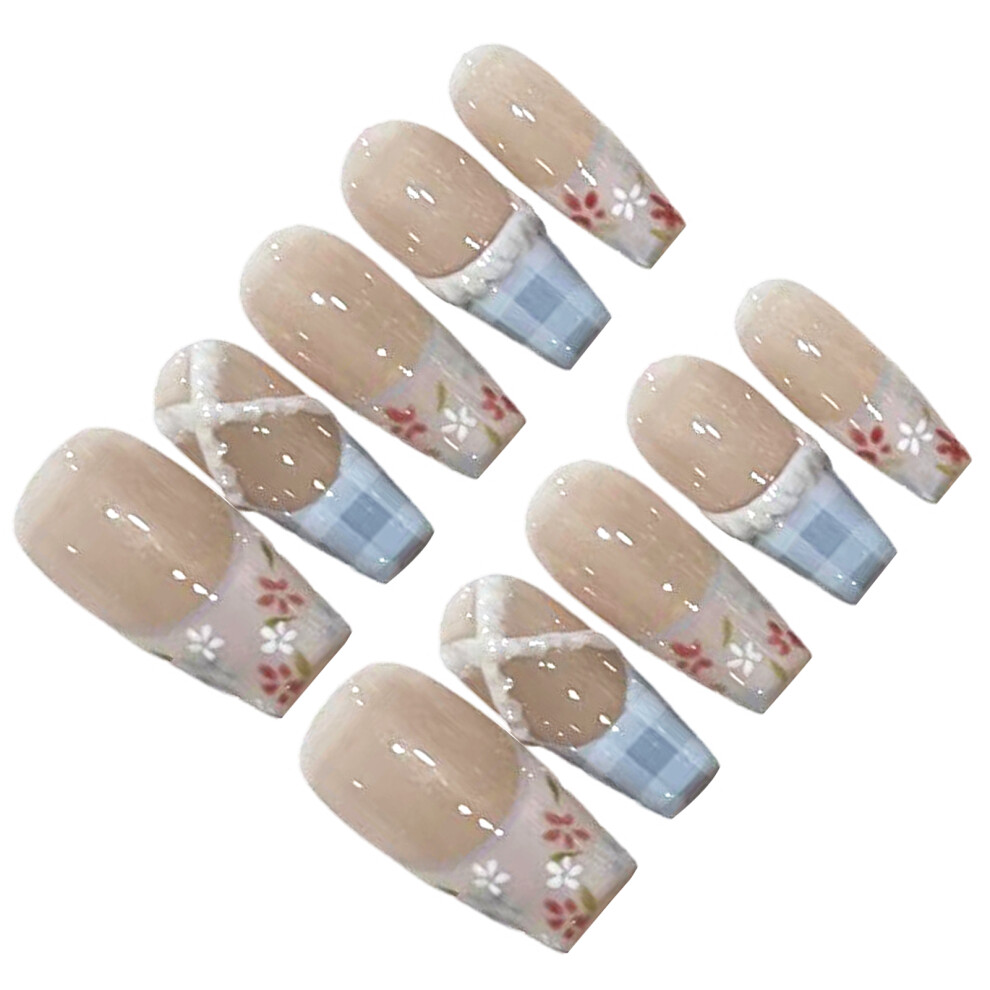 Roc-Electron (M) Glossy Nude Press-On Nails With Grid Print