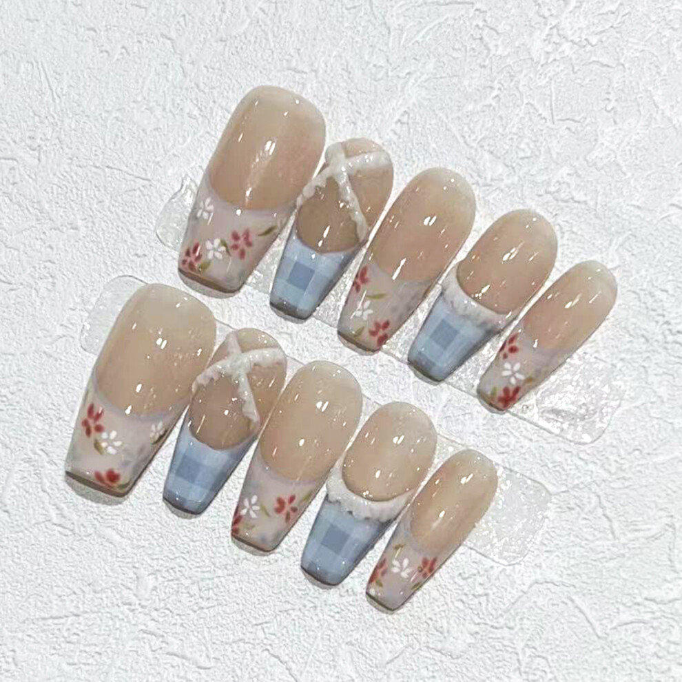 Roc-Electron (L) Glossy Nude Press-On Nails With Grid Print