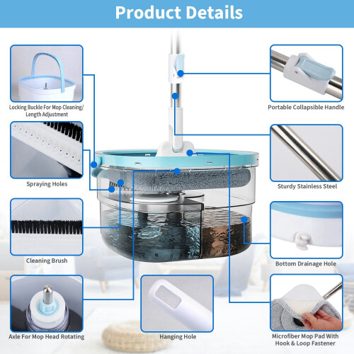 180-Drehmopp und Eimer mit Auswringer-Set, Mikrofaser-Mopp- und Eimer-Set mit Wassertrennsystem 1