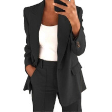 (S,Black)Women Blazer Plain Long Sleeve Office Lapel Blazer Suit Casual Coat Jacket Outerwear Multiple Sizes Available