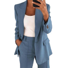 (XL,Blue)Women Blazer Plain Long Sleeve Office Lapel Blazer Suit Casual Coat Jacket Outerwear Multiple Sizes Available