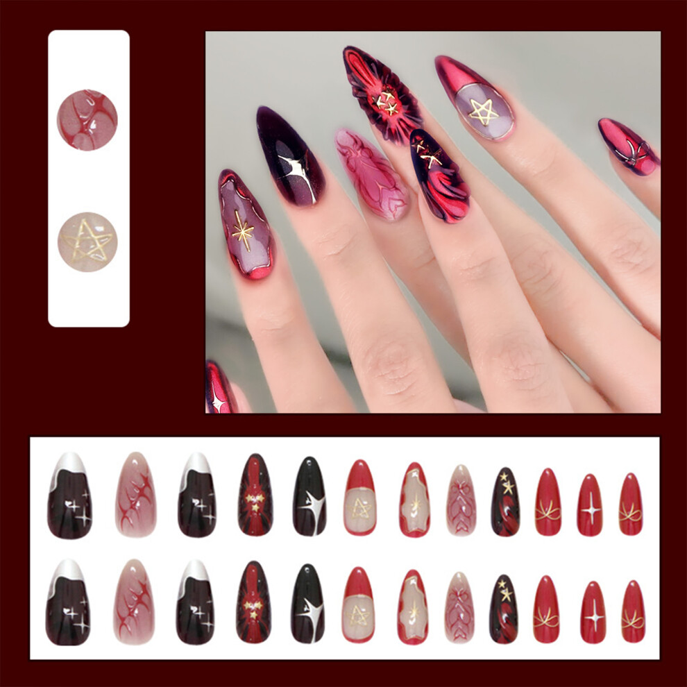 Hue-Grain 24Pcs Star Print Glossy Red Fake Nails For Women