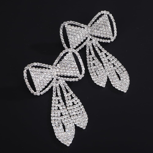 Boho Bridal Bow Earrings Rhinestone Silver 1 Pair 2