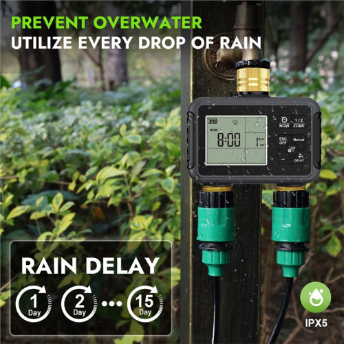 2-Zone Sprinkler Timer Programmable Garden Hose Timer Water-Saving Irrigation Controller for Lawn Yard Drip Systems IPX5 2