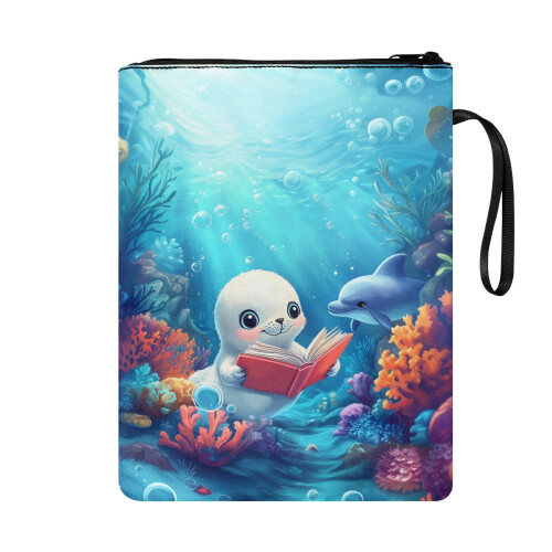 Polyester book sleeve with whale coral pattern and zipper 1