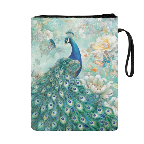 Peacock Book Protector Book Sleeve for Lightweight Protector Wrap Bag Polyester Fabric with Decorative Design and Zipper 1