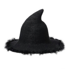 (Black) Halloween Beanie Witch Hats Women Plush Trim Wide Brim Pointed Cap Masquerade Cosplay Party Hats Costume Accessory Multi-color Optional