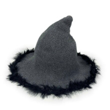 (Gray) Halloween Beanie Witch Hats Women Plush Trim Wide Brim Pointed Cap Masquerade Cosplay Party Hats Costume Accessory Multi-color Optional