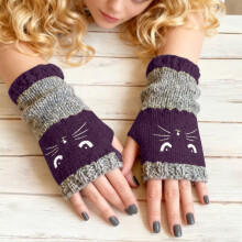 Gemütliche, fingerlose Strickhandschuhe mit Katzenstickerei für Damen – Wärmende Winter-Handgelenkwärmer, passend für alle Handgrößen