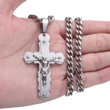 Kuuma miesten ruostumattomasta teräksestä valmistettu kultahopea Jeesus-kruusifisointiriipusketjukaulakoru - hopea - 32 tuumaa tai 81 cm
