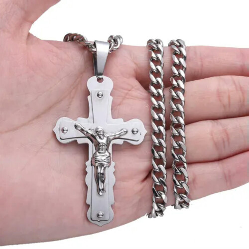 Colar masculino com pingente de crucifixo de Jesus em aço inoxidável dourado e prateado - Prata - 81 cm (32 polegadas)